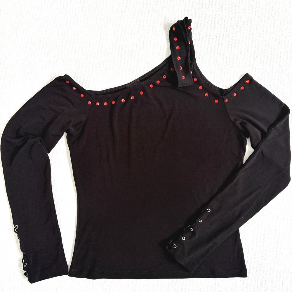 Fredericks of Hollywood Top Rhinestone Cold Shoulder Large Black